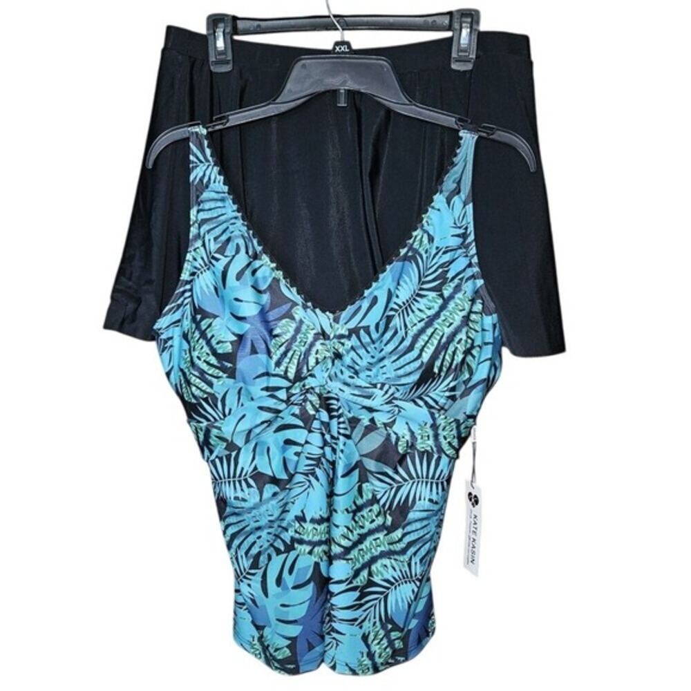 Kate Kasin Plus Size 2X Tankini Swimsuit Skirt Set Blue Leaf Tropical V-Neck NEW